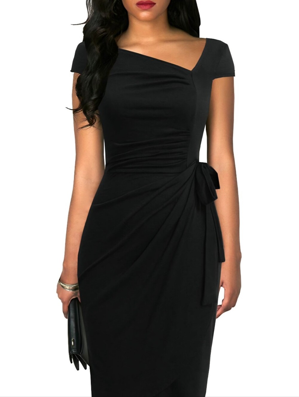 Black Cap-Sleeve Wrap Sheath Dress
